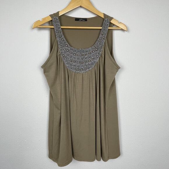 B'Leev Taupe Beaded Bib Neckline Tank XL Y2K Sleeveless Tunic Top - Picture 1 of 7